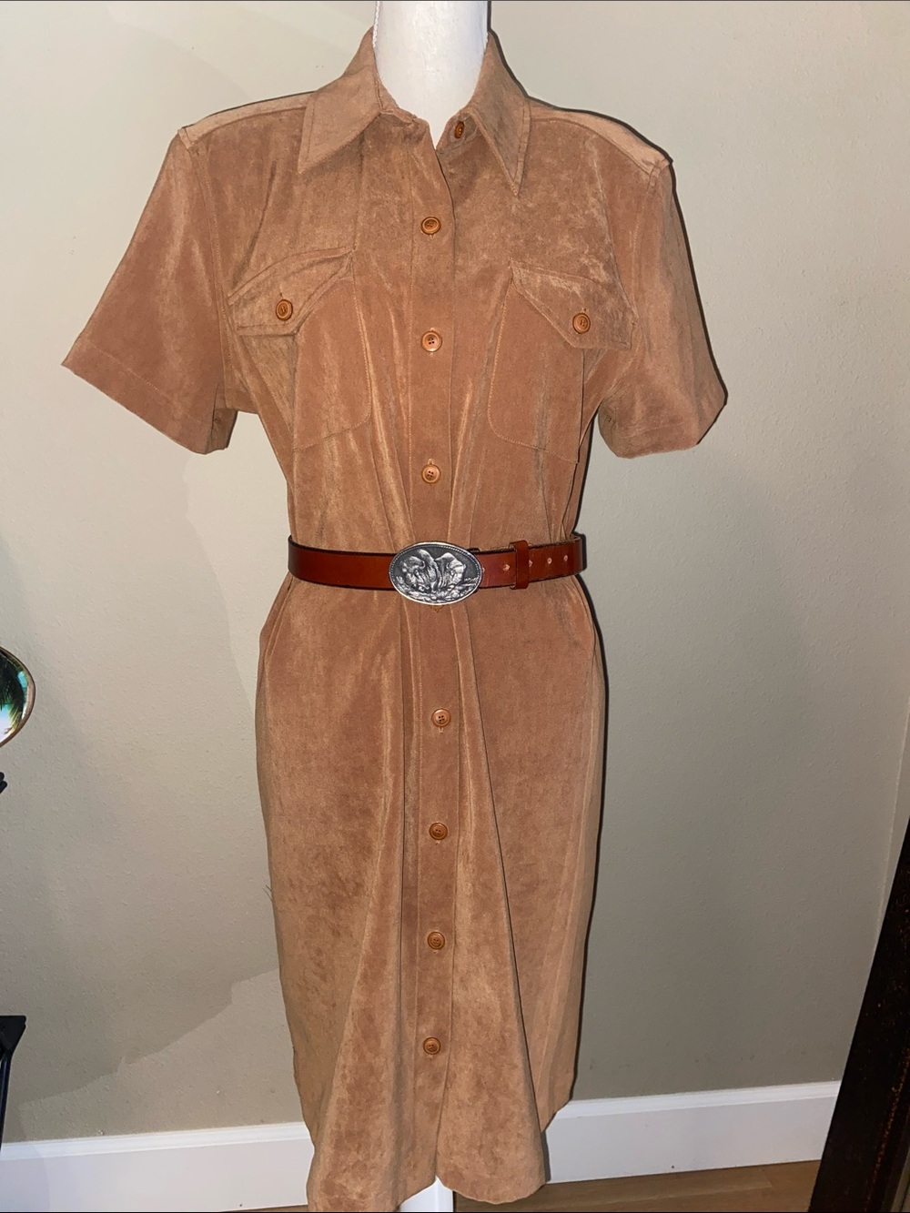 Vintage Western Midi Shirt Dress Faux Camel Suede Belted Utility Safari Outfit